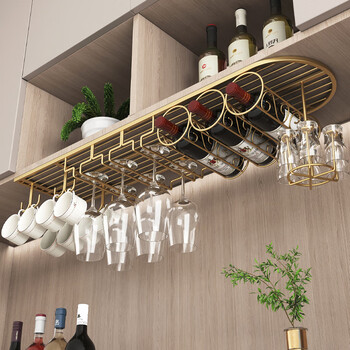 He jiagong multifunctional red wine rack upside down household european wine glass rack hanging ornaments modern simple red wine glass rack cabinet bottom yuanfang 120*25 gold + hook cabinet bottom