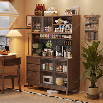 Huixun solid wood sideboard kitchen storage cabinet living room multi-functional large capacity tea cabinet integrated storage cabinet cabinet wine cabinet black walnut color #all solid wood with embedded socket 120*40*181