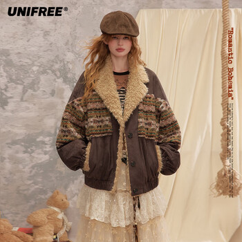 Unifree retro thickened winter coat fair isle suede splicing lamb wool warm cotton coat brown s