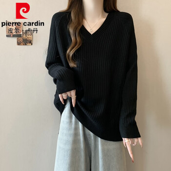 Pierre cardin (pierre cardin) large size fat mm loose v-neck sweater to cover the flesh and look slimming for women in autumn and winter to cover the belly and reduce age, with a base layer sweater, black 3xl 150-175 pounds