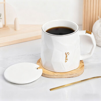 Jiwu forest ceramic mug with cover large capacity coffee cup couple cup milk cup breakfast water cup men's and women's tea cup white