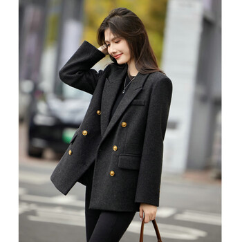 Shangjing woolen coat women's 25th winter new women's right shoulder double breasted business style quilted thick warm suit jacket for women