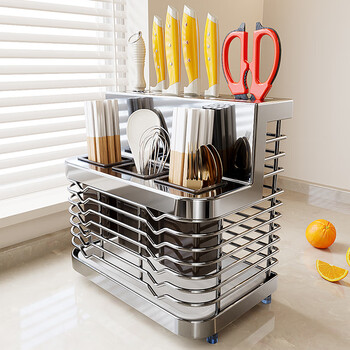 Four seasons muge kitchen 304 stainless steel knife rack storage rack knife storage rack kitchen knife and chopstick cage all-in-one storage utensils original color 304 stainless steel three chopstick tube knife rack