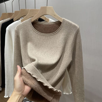 Playboy (playboy) velvet thickened knitted sweater with warm round-neck sweater for women in autumn and winter low-neck one-piece velvet fungus bottoming shirt oats l 105-120