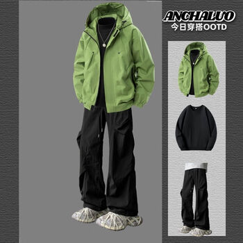 Luosenchi (luosenchi) assault jacket for boys in autumn and winter, plus velvet and thickened warm cotton suit, trendy brand handsome casual three-piece combination, fruit green jacket + black sweatshirt + black assault pants xl