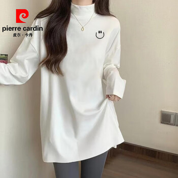 Pierre cardande velvet half-high collar mid-length brushed thickened bottoming shirt for autumn and winter layering loose lazy smiling face long-sleeved t-shirt for women white l