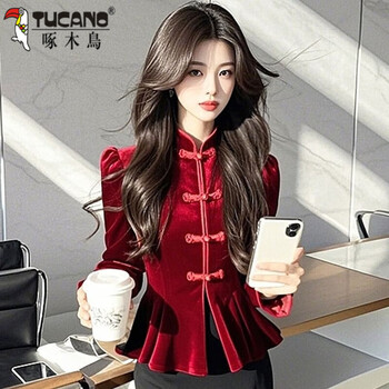 Woodpecker (tucano) light luxury red velvet long-sleeved shirt for women 2025 winter new chinese style slim-fit french waist top red s