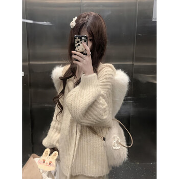 Fshe soft waxy sweater jacket for women with hooded fur collar, autumn and winter, lazy and loose, loose outer wear, warm knitted cardigan for women, apricot s, recommended 75-95 pounds