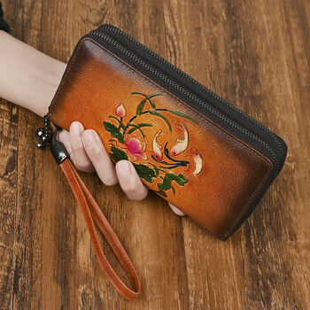 Orpheus original retro wallet women's long genuine leather large capacity double zipper wallet 2025 new cowhide clutch women brown