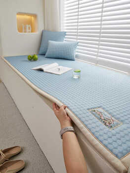 Nanbomaru 2025 new summer cool bean bay window mat anti-skating silk thickened window sill sponge cushion balcony mat tatami houndstooth-pink 90*240cm