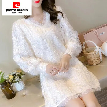 Pierre cardin douyin dress lace bottoming shirt super fairy maillard autumn and winter mid-length bottoming shirt women's v-neck white regular 3xl 140-158 jin