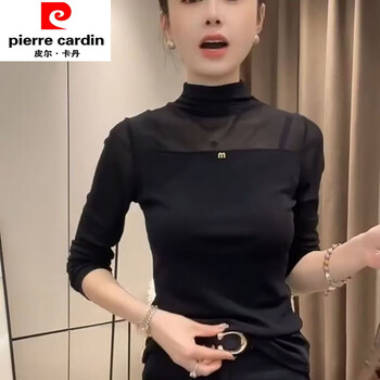 Pierre cardin xiaoxiangfeng age-reducing half-turtle collar black bottoming shirt 2025 autumn and winter new mesh long-sleeved slim-fitting western-style top for women black m recommended within 105 pounds