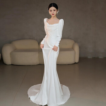 Wenmi satin long-sleeved wedding dress autumn and winter french light bridal season simple temperament going out yarn fishtail white welcome dress white m