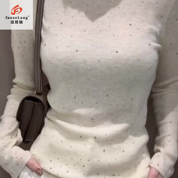 Fanzhelang (fanzelang) heavy-duty iron-on diamond sweater for women in autumn, word-neck sweater, lazy style, slim fit, right shoulder long-sleeved top, apricot high-end sweater s 80-100