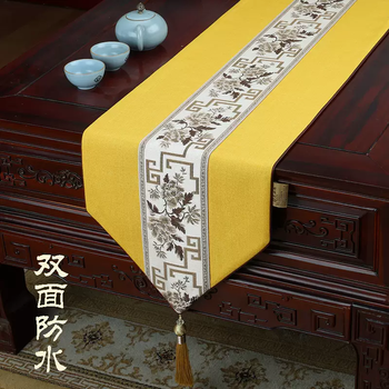 Yusenyi new chinese zen table flag waterproof tea table flag light luxury high-end long tv cabinet cover cloth tea table white background khaki peony yellow 33x250cm suitable for table length 1.92 meters