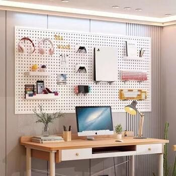 No punching and traceless hole board storage rack dormitory wall hanging creative simple bedroom wall decoration ornaments storage rack 100*50 free splicing/8 boards 40 hooks 4 deep 4 shallow/box milky white/come with strong nail-free glue and screwdriver