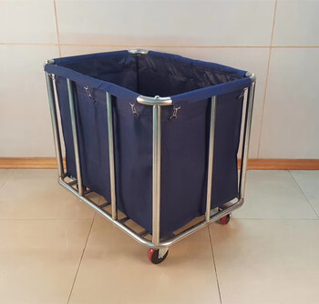 Thickened and tubed stainless steel linen cart, dirty linen recycling truck for hotel rooms, laundry room collection truck, reinforced 10-tube linen cart blue bag