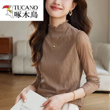Woodpecker (tucano) textured lace slim-fit stretch bottoming shirt for women 2025 autumn new lace half-high collar with long-sleeved t-shirt top pudding khaki l