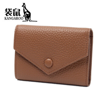 Kangaroo leather women's wallet short style simple casual folding tri-fold first layer cowhide wallet japanese and korean fashion new coin purse earthy yellow