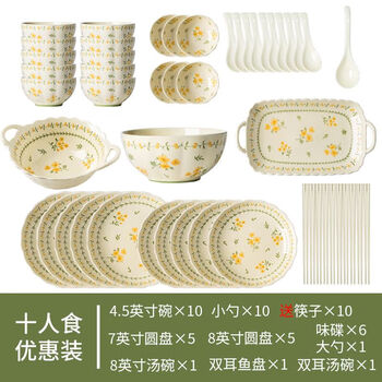 Runhuanian cream-style underglaze color ceramic bowl and dish set for household high-value dishes and chopsticks set housewarming tableware with fresh gifts for ten people