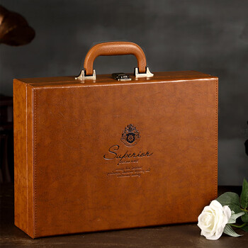 Art bird high-end retro leather red wine gift box double wine packaging box empty box wide version elegant and general style retro double brown horizontal handle wide version elegant and luxurious
