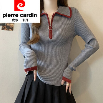 Pierre cardin ancora red contrast color polo collar sweater women's autumn and winter new knitted sweater high waist slim bottoming shirt zipper top tt946# gray m recommended 90-100 catties