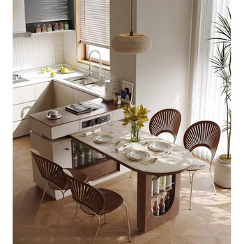 Jwqe light luxury high-end lunch island dining table integrated retractable rotating household small apartment slate storage sideboard 1.2m island + 1.4m slate dining table + dining chairs *4