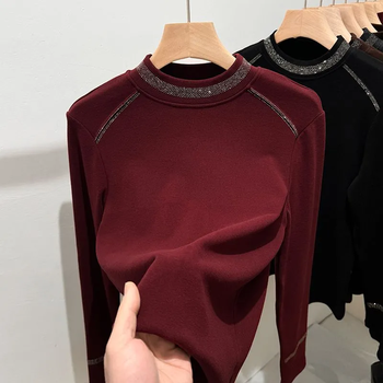 Chonglin hot diamond bottoming shirt for women in autumn and winter new style inner warm long-sleeved top thickened brushed double-sided german velvet mother's wear burgundy xl recommended 115-130 pounds