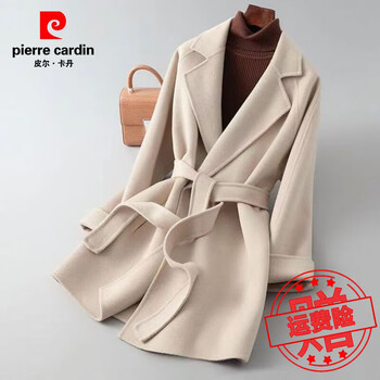 Pierre cardin woolen coat for women 2025 autumn and winter new style double-sided woolen coat thickened woolen coat small slim slim medium long style apricot 2896# l 115-125 catties