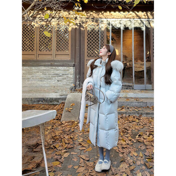 Yingci quality | yunduo big quilt samsung goose down jacket women's winter jacket fox fur waist long down jacket baby blue goose down jacket s 158-163cm 90-105 catties