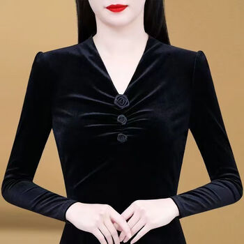 Orchid gold velvet bottoming shirt women's 2025 autumn and winter new style plus velvet warm inner wear slim and stylish small shirt tops for women black regular m