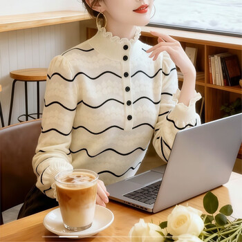 Fabric story luofen flagship store women's fashionable and versatile wavy pattern lace wool knitted bottoming shirt winter off-white one size