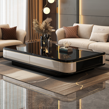 Modern minimalist coffee shop with slate microcrystalline stone cream new designer black glass table 1.5 extended 1.5 meter glass surface coffee table