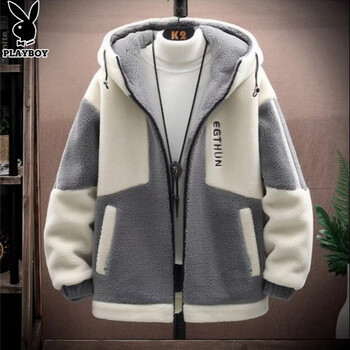Playboy lamb velvet jacket men's winter loose and trendy junior high school student quilted thickened grain velvet men's jacket off-white xl