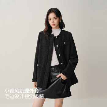 Peacebird quilted small fragrance style jacket box shape slim 5% wool quilted fur edge small fragrance style short jacket women* black m 160