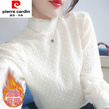 Pierre cardin thin/fleet autumn and winter lace bottoming shirt thickened fashionable half turtle neck t-shirt small shirt puff sleeve top for women 2228# white velvet and thicker 2xl recommended 130-139 catties