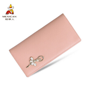 Scarecrow women's wallet first layer cowhide multifunctional coin purse multiple card slots sweet simple realistic birthday gift for girls long style-pink