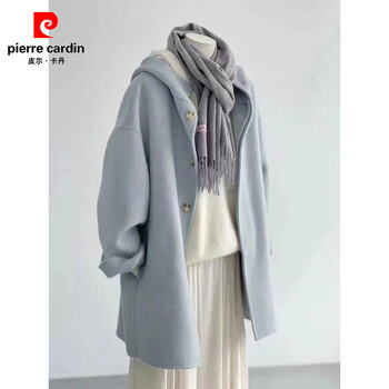 Pierre cardin fat mm extra large size 300 pounds woolen coat for women autumn and winter feeling small cream blue hooded coat picture color 2xl 140-190 pounds
