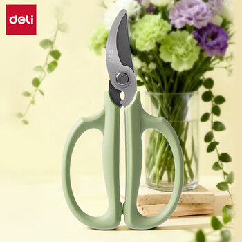 Deli flower scissors gardening scissors wide head household flower blade sharp garden flower pruning tool gardening scissors green curved cutting blade rust-proof and anti-stick tj53