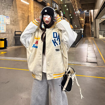 Black box white national fashion baseball jacket men's autumn and winter fashion ins high street pu leather stitching embroidery couple quilted warm jacket blt-8205 apricot regular style xl