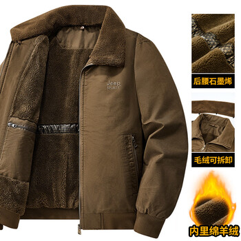 Jeep spirit men's cotton sherpa jacket 2025 autumn and winter plus velvet thickened warm work jacket men's coffee plus velvet thickened 3xl (recommended 165-180 catties)