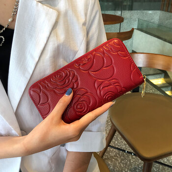 Kuqidaishu camellia leather long zipper wallet women's casual soft leather handbag large capacity mobile phone wallet handbag burgundy