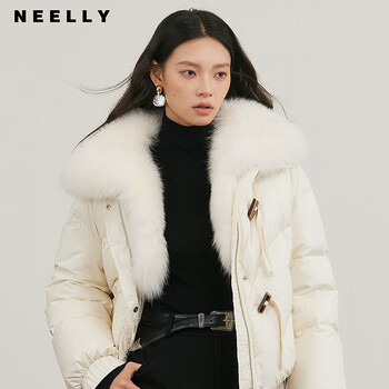 Neelly shopping mall's same style winter new fox fur collar loose down jacket for women 90 white duck down short jacket ivory white s