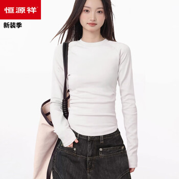 Hengyuanxiang white round neck right shoulder thickened bottoming shirt for women 2025 winter long-sleeved inner fit slim cotton t-shirt can be worn outside white top (mall quality) xl 115-130 catties