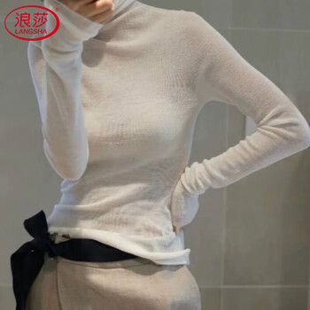 Langsha pure wool sweater autumn and winter thin pile collar women's slim slim sexy top with high collar knitted bottoming shirt white s
