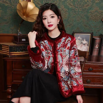 Miss you heavy industry embroidery new national style disc button chinese style raw edge autumn and winter thickened cotton jacket trendy women's style burgundy quilted no embroidery on the back m 80-100