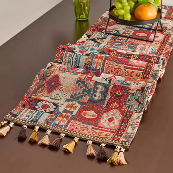 Yusen recalls american country style bohemian cotton and linen long sideboard with tassel cover coffee table table runner decorative bed flag dai (2025 special edition) 30x350cm with tassels