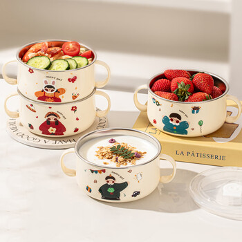 Treejack 316 stainless steel binaural children's food bowl, special double-layer anti-fall and anti-scald rice and soup bowl for infants