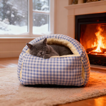 Cat nest is warm in winter, semi-enclosed kennel, removable and washable cat sleeping bag, play and sleep, integrated cat quilt, cat house for sleeping, blue and white grid, double filling + waterproof and non-collapsible, large size 65*40*28, open mouth suitable for 15 pounds, windproof and warm/winter preferred/removable and washable