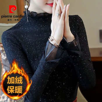 Pierre cardin half turtleneck lace velvet bottoming shirt for women 2026 winter new velvet warm and stylish long-sleeved top black velvet xl recommended 125-140 catties